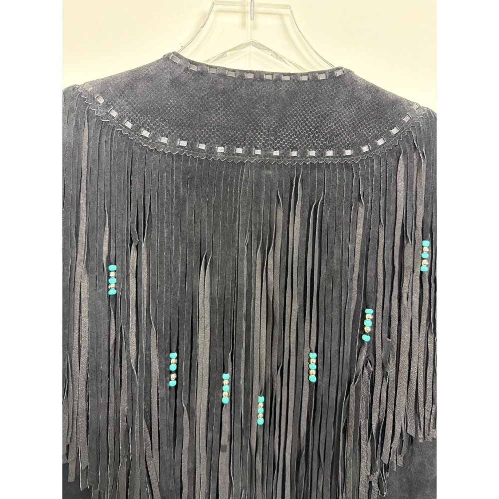 Vintage Womens Genuine Leather Black Fringe Jacket With Turquoise Bead Accents S - Picture 10 of 16